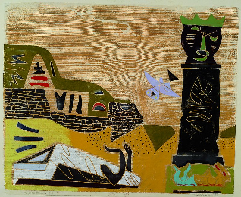 Müller-Landau, Rolf, 1903-1956 Bad Bergzabern, er opfert seinem Gott, Farbholzschnitt auf Japanpapier, handsigniert und betitelt, ca. 43x53cm, unter ...