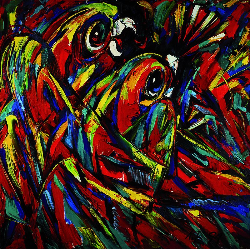 B.B. Lichanow, zeitgenössischer russischer Maler, Papageien, Öl/Lwd, rückseitig signiert und betitelt, datiert 1994, ca. 100x100cm