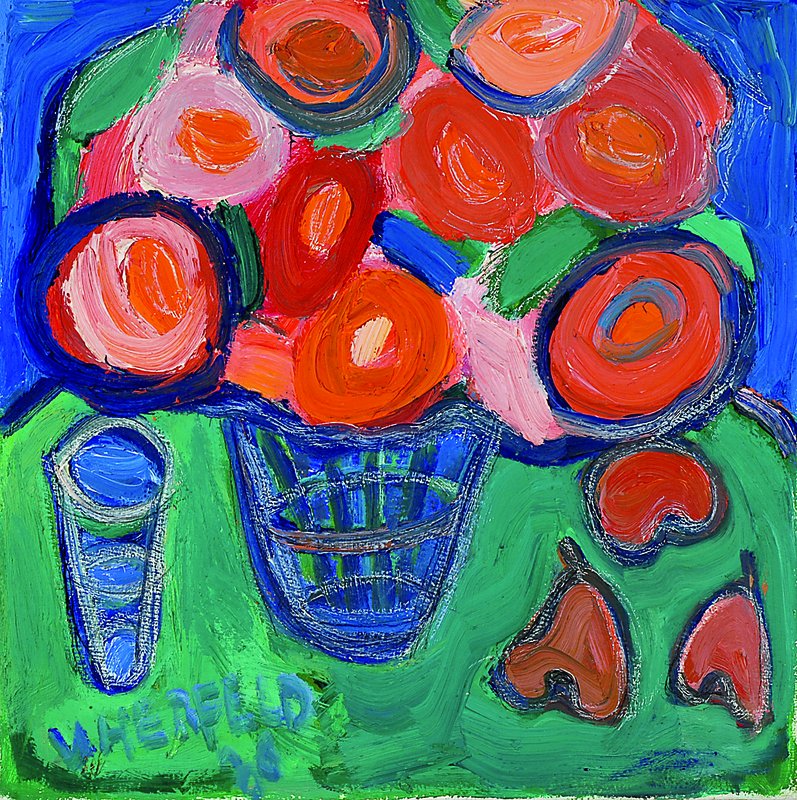 Herfeld, Ulrike, geb. 1945, Blumen in Vase mit herabgefallenen Blättern, Öl/Lwd, signiert, ca. 40x40cm, Rahmen