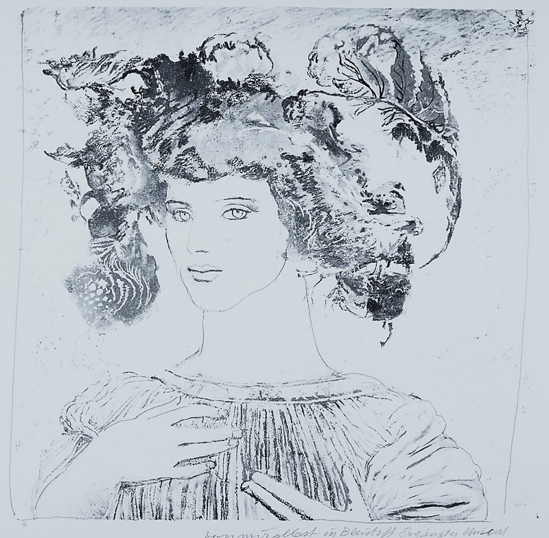 Fuchs, Ernst, Prof., geb. 1930 Wien, Frauenbildnis, Lithografie & Bleistift, Mischtechnik, handsigniert u. bezeichnet, Motivgrösse ca. 35x37cm, ...