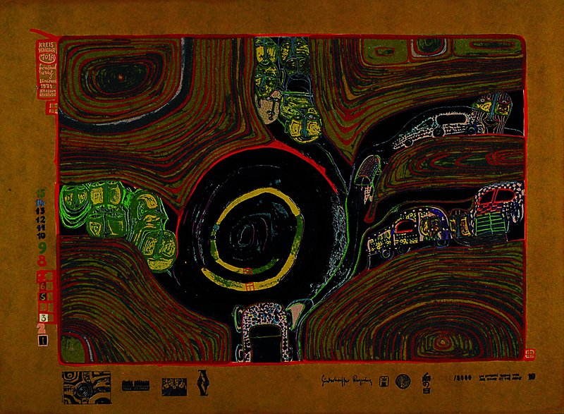 Friedensreich Hundertwasser, 1928-2000, Kreisverkehr der Strassengekreuzigten, Farbserigraphie aus der Regentagmappe, nummeriert , Auflage 3000 ...