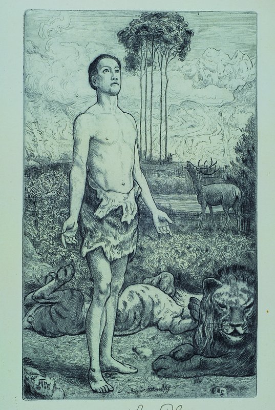 Hans Thoma, 1839 Bernau-1924 Karlsruhe, männlicher Halbakt in Waldlandschaft, Radierung, handsigniert und in der Platte datiert 1915, unter Glas ...