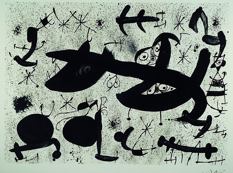 Joan Miro, 1893-1983, großformatige Lithographie, rechts unten handsigniert, ca. 74.5x78cm, unter Glas, Rahmen