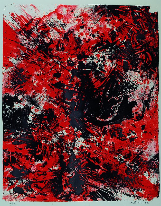 Fred Thieler, 1916-1999, Farblithographie von 1959, handsigniert und datiert, nummeriert 55/65, ca. 53x42cm, unter Glas, Rahmen