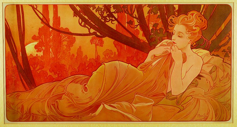 Mucha, Alphonse, 1860 Ivancice-1939 Prag, Crépuscule, Farblithographie, im Stein signiert, Passepartout, unter Glas gerahmt, ca. 48x87cm