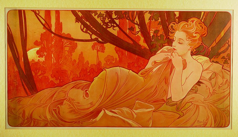 Detail a: Mucha, Alphonse, 1860 Ivancice-1939 Prag, Crépuscule, Farblithographie, im Stein signiert, Passepartout, unter Glas gerahmt, ca. 48x87cm