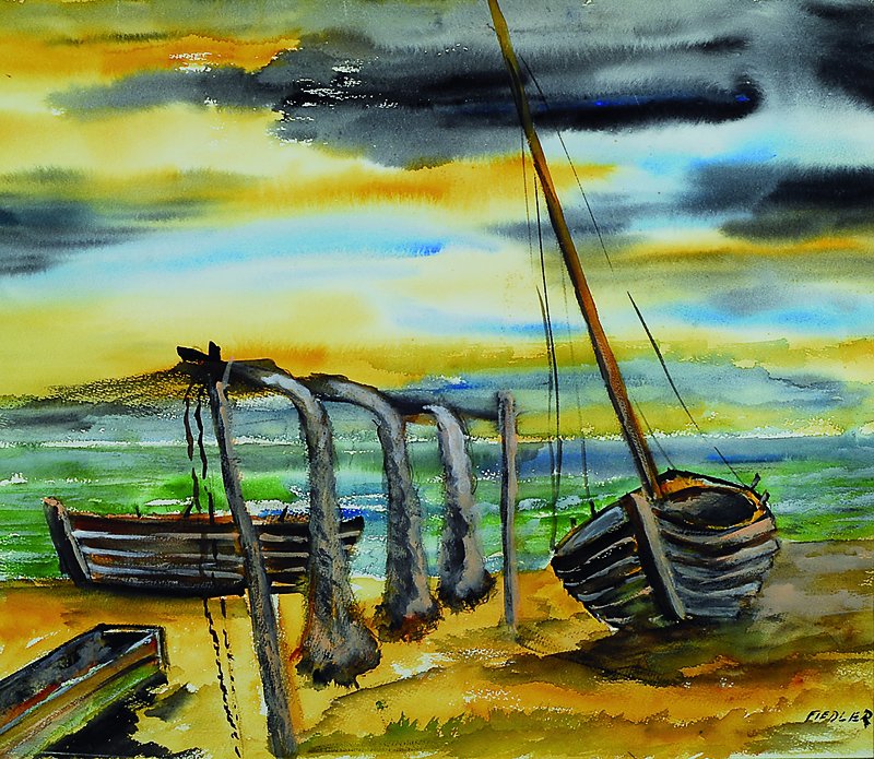Arnold Fiedler, 1900-1985, Segelboote am Strand, Aquarell/Papier, rechts unten sign., ca 48x57cm, Rahmen