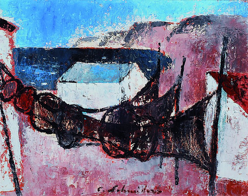 Carl Schneiders, 1905-1974, Fischernetze am Meer, Öl/Malkarton, signiert, ca. 38x46cm, Rahmen