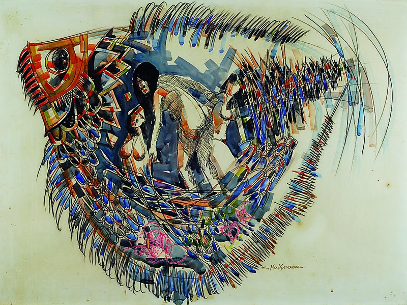 S. Mukmanee, o.ä., Mitte 20. Jh., 3 Frauenakte im Bauch des Fisches, Mischtechnik/Papier, schwer lesbar signiert, ca. 55x76cm, Rahmen