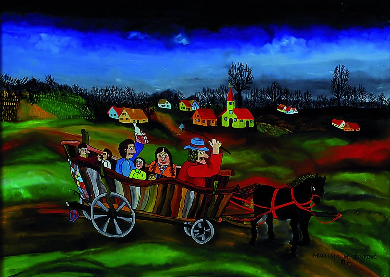 Matina Milica Zivkovic, geb. 1954 Hlebine/ Kroatien, bekannte naive Künstlerin, Kutschfahrt, Hinterglasmalerei, signiert, datiert 1974, ca. 50x70cm, ...