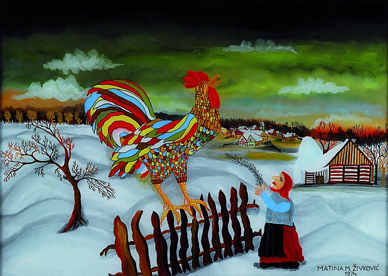 Matina Milica Zivkovic, geb. 1954 Hlebine/ Kroatien, bekannte naive Künstlerin, Hahn an dem Zaun, Hinterglasmalerei, signiert, datiert 1974, ca. ...