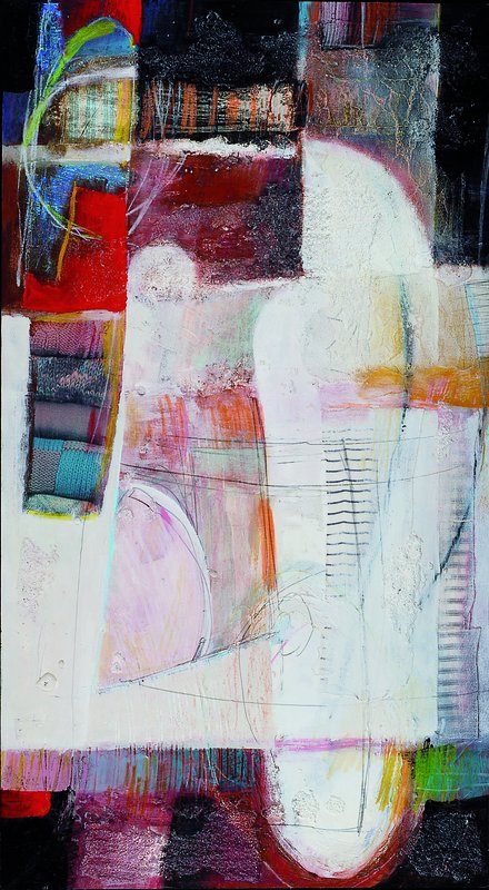Chapman, zeitgenössischer Künstler, abstrakte Komposition, Mischtechnik auf Holz, Collage, Stofffragmente, Drucke, Sand in versch. Korngrößen und ...