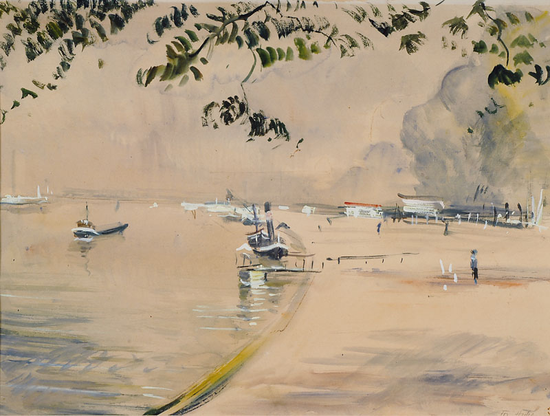 F.B. Huber, datiert (19)39, Am Seeufer, Gouache und Aquarell auf Papier, gebräunt, rechts unten signiert und datiert, in den Ecken ...