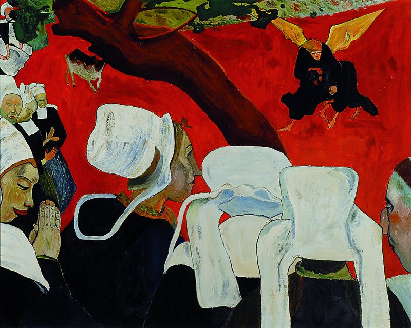 Galerie-Kopie nach Paul Gauguin, 50er Jahre,Vision nach der Predigt, Öl/Lwd., ca.52 x 65 cm, Rahmen