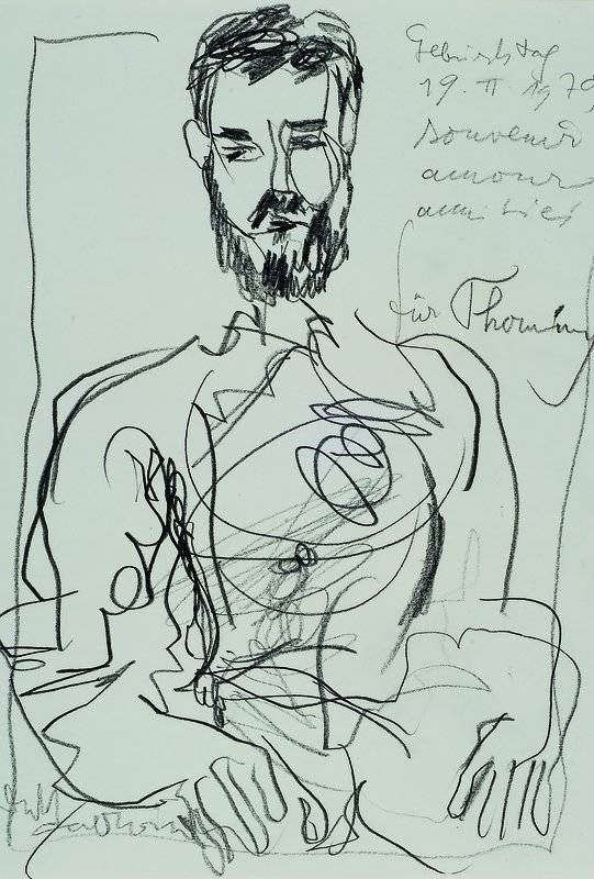 Rudi Baerwind, 1910-1982 Mannheim, Studium in München, Berlin und Paris, Zeichnung mit Widmung:Geburtstag 19 II 1979 souvenier amour amie hier für ...