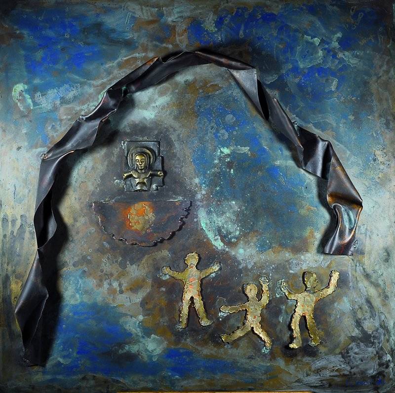 Hubert Teschlade, geb. 1921 Münster, zeitgenössischer Bildhauer und Architekt, Metallbild, mit Aufschmelzungen aus Bronze, bunt staffiert, Genesis, ...