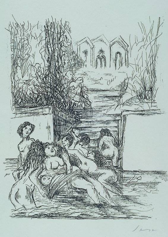 Max Slevogt, 1868 Landshut - 1932 Neukastel, Badespass auf der Insel, Lithographie, handsigniert, Passepartout, unter Glas gerahmt, ca. 25x30cm