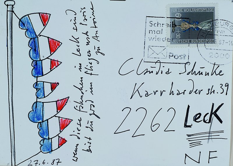 Janssen, Horst, 1929-1995, Postkarte mit kleiner Zeichnung von 1987, Text: Wenn diese Fischchen in Leck sind, bist du erst im Flieger nach Paris zu ...