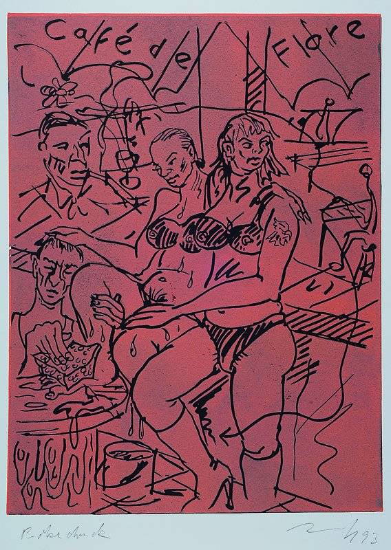 Jörg Immendorff, 1945-2007, Café de Flore, Farblinolschnitt auf CM Fabriano, handsigniert und bez.: Probedruck, ca. 58x43.5cm, Blattgr. ca. ...