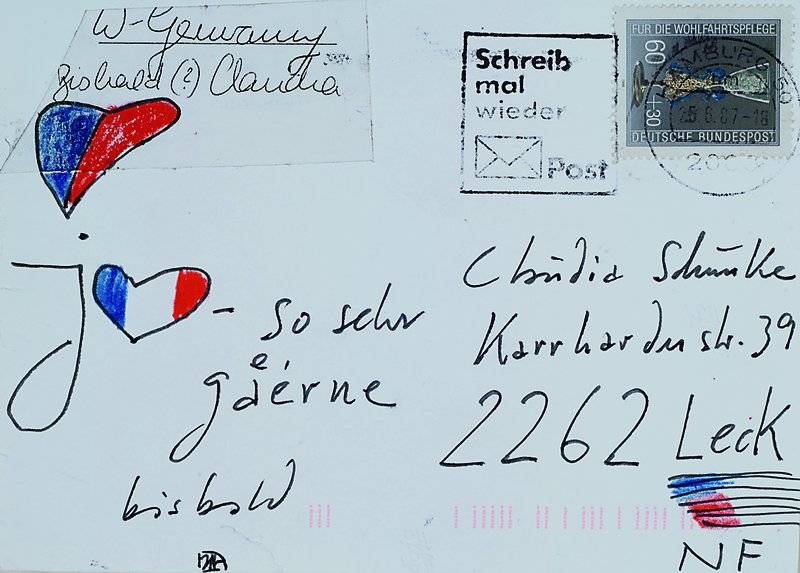 Horst Janssen, 1929-1995, Postkarten Multiple mit kleiner Zeichnung, an seine Geliebte Claudia Schunke von 1987, ca. 10x15cm