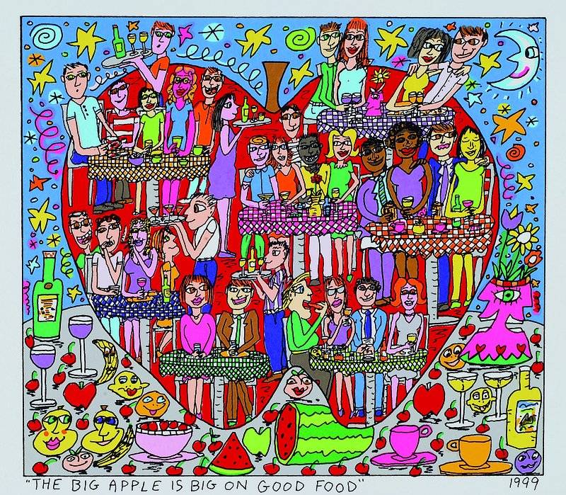 James Rizzi, 1950 - 2011, The big apple is big on good food, Farblithografie von 1999 auf Bütten, Blattgröße 27x25cm, Motivgröße20x18 cm