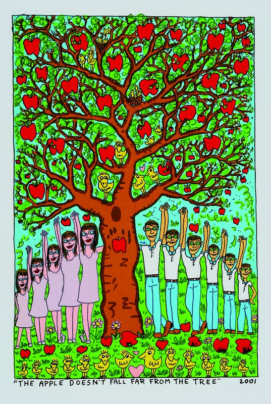 James Rizzi, 1950 - 2011, The apple doesn't fall far from the tree, Original Farblithografie von 2004 auf Bütten, Blattgröße28,5x23 cm, ...