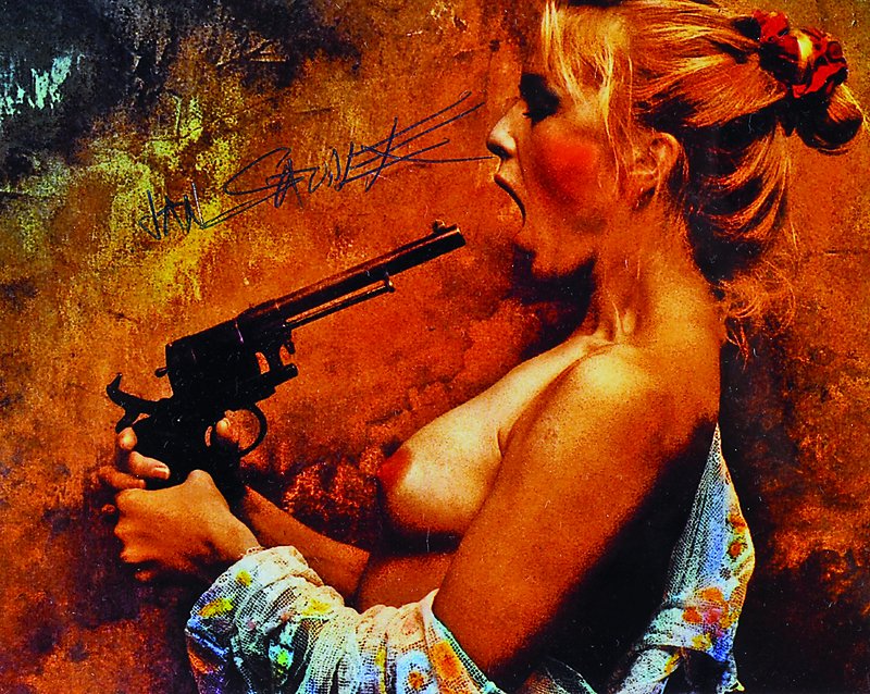 Jan Saudek, geb. 1939 Prag, Akt mit Pistole,Fotomultiple, handsigniert, Passepartout, unter Glas gerahmt, ca. 13x10 cm