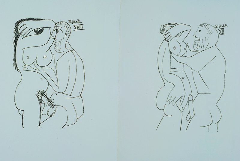 Pablo Picasso, 1881-1973, zwei Lithographien, erotische Szenen, datiert 1964, unter Glas, gerahmt, ca. 33x24cm