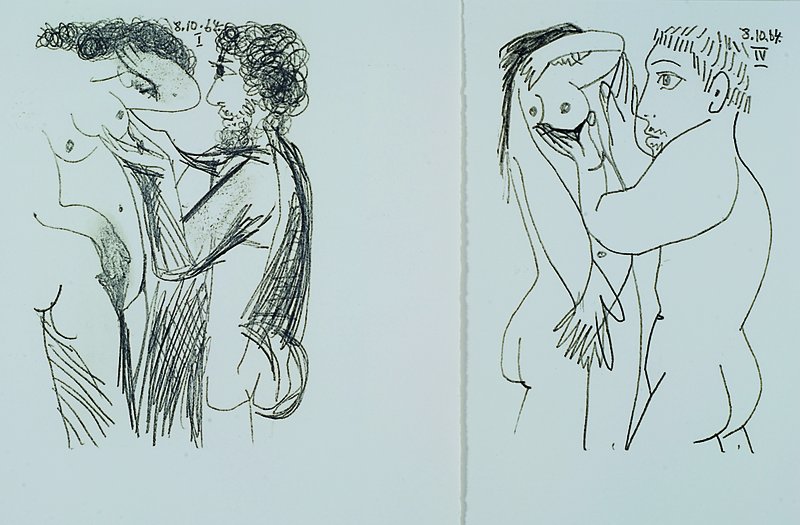 Pablo Picasso, 1881-1973, zwei Lithographien, erotische Szene, datiert 1964, Passepartout, unter Glas gerahmt, je ca.32x24.5cm
