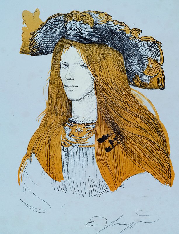 Prof. Ernst Fuchs, geb. 1930 Wien, Dame mit Hut, Farblithographie, leicht stockfleckig, handsigniert, ca. 33x26,5 cm
