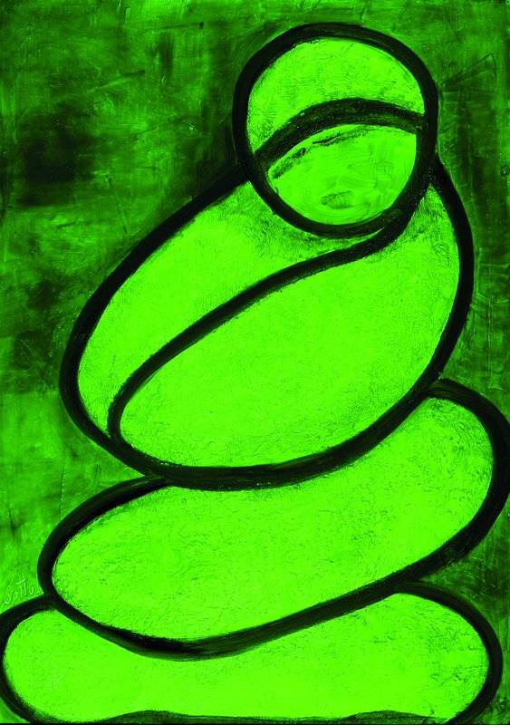 Lucien Sotto, zeitgenössischer belgischer Künstler, abstrakte Darstellung einer Frau in grün, Öl/Hartfaser, links unten sign., 85x60 cm