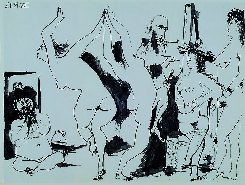 Pablo Picasso, 1881-1973, Aktstudie, fünf Heliogravuren aus Picasso and the Human ComedyDraeger Freres Verve Paris 1954, Blattmaß ca. 35,5x26 cm