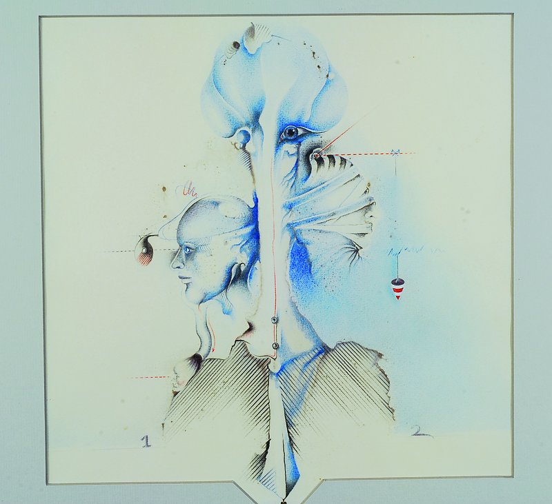 Rainer Rausch, Maler u. Grafiker, Metamorphosis extremis, Tusche und Farbstift auf Papier, ca. 28x28cm, unter Glas, Rahmen
