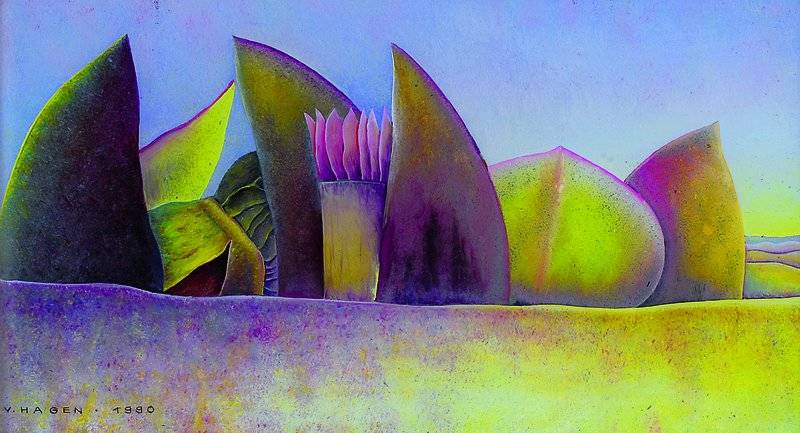 Veronika Hagen, geb. 1941 Chemnitz, Surreale Landschaft, Hinterglasmalerei, signiert und datiert 1990, ca. 15x28cm, Rahmen