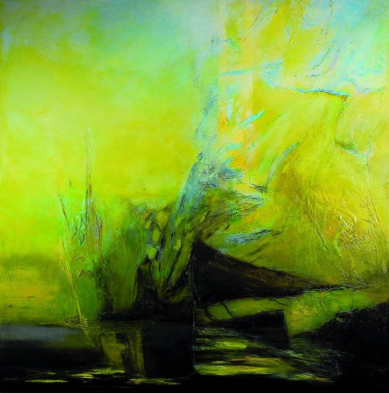 Unbekannter zeitgenössischer Maler, Abstrakte Landschaft, Acryl/Lwd collagiert, rechts unten unleserlich signiert und datiert 08, ca. 100x100cm, ...