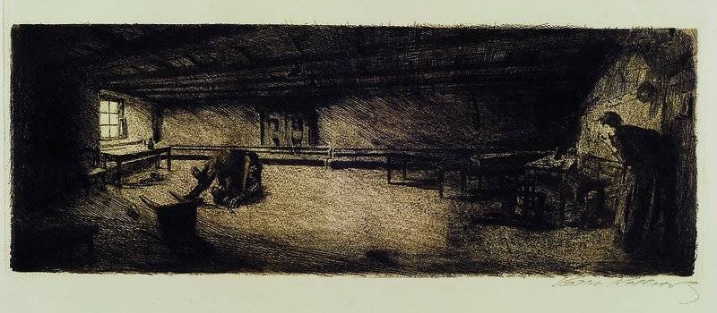 Käthe Kollwitz, 1867-1945, Szene aus Germinal, Radierung von 1893, rechts unten handsigniert, ca. 23.6x53cm, unter Glas, Rahmen