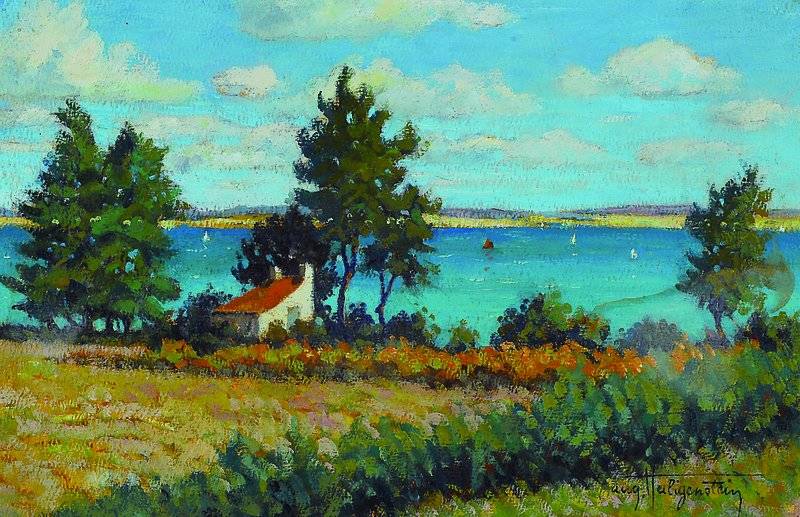 Auguste Heiligenstein, 1891-1976, Landschaft mit Bauernhaus am See, Öl/ Malkarton, rechts unten signiert, ca. 26x39cm, unter Glas, Rahmen