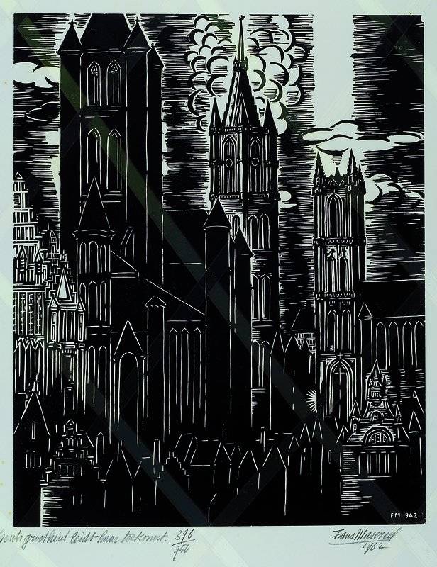 Frans Masereel, 1889-1972, Gents grootheidleidt haar toekomst, Holzschnitt, rechts unten handsigniert, num. 376/750, ca. 40x30cm, unter Glas, Rahmen