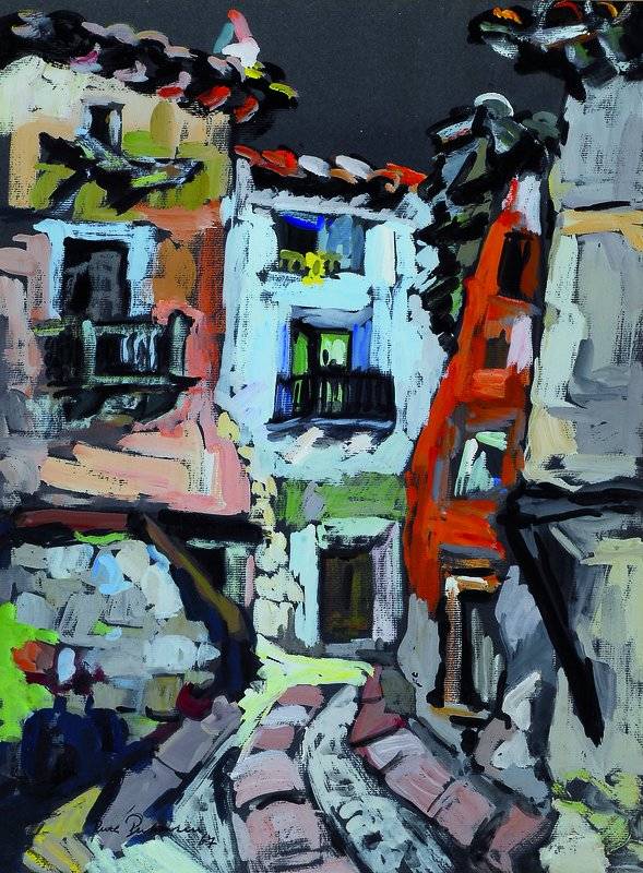 Ruth Putensen, geb. 1914 Neustadt/Wstr., war tätig in Schlitz und Paris, hier: Häuser im Gebirge, Gouache auf Papier, links unten signiert und ...