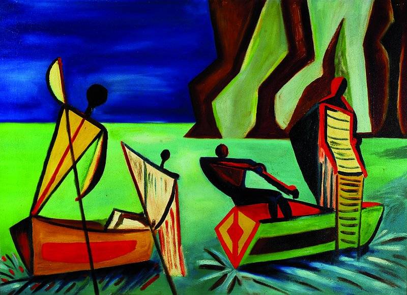 Unbekannter zeitgenössischer Maler, Moderne Interpretation von Arnold Böcklins Gemälde: Die Toteninsel, Öl/Hartfaser, ca. 65x90cm, Rahmen