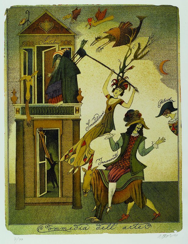 Adolf Born, geb. 1930, 2 Farblithographien, Commedia dell arte, rechts unten handsign., Auflage 7/70, ca. 65x50 cm, Assisi, rechts unten handsign. , ...