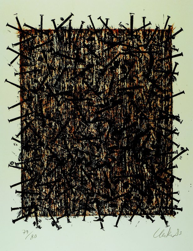 Günter Uecker, geb. 1930, Farbige Destruktion, Farblithographie auf BFK Bütten, handsigniert, num. 79/80, Trockenstempel Erker-Presse St. Gallen, ...