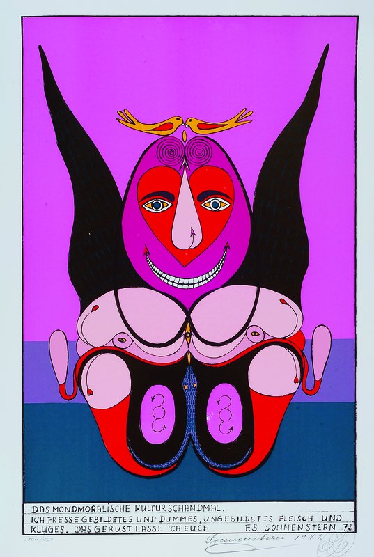 Friedrich Schröder-Sonnenstern, 1892 Kaukehmenbei Tilsit - 1982 Berlin, das Mondmoralische Kulturschandmal, Farbserigraphie, rechts unten sign. und ...
