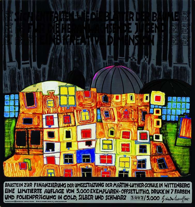 Friedensreich Hundertwasser, 1928-2000, Baustein zur Finanzierung der Umgestaltung der Martin-Luther- Schule in Wittenberg, limitierte Auflage , ...
