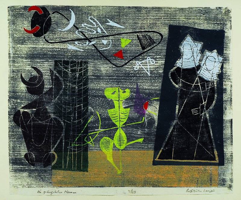 Rolf Müller-Landau, 1903-1956 Bad Bergzabern, Die geängsteten Nonnen, Farbholzschnitt auf Japanpapier, rechts unten handsigniert, 7/23, ca. 43x51 ...