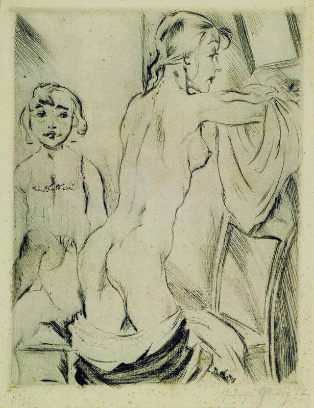 George Grosz, 1893-1959, weiblicher Akt, Radierung, rechts unten handsigniert, 11/30, mit Passepartout,Papier gebräunt, Bildmaß ca. 24x17,5 cm, ...