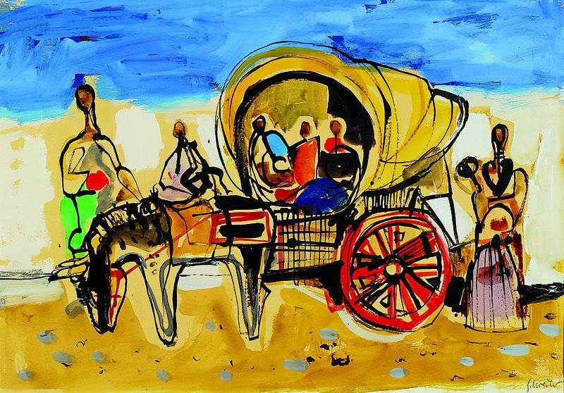 Richard Schreiber, 1904-1963 Düsseldorf, Familie mit Eselskarren, wohl Südspanien, Tinte und Gouache auf Papier, rechts unten signiert, ca. ...