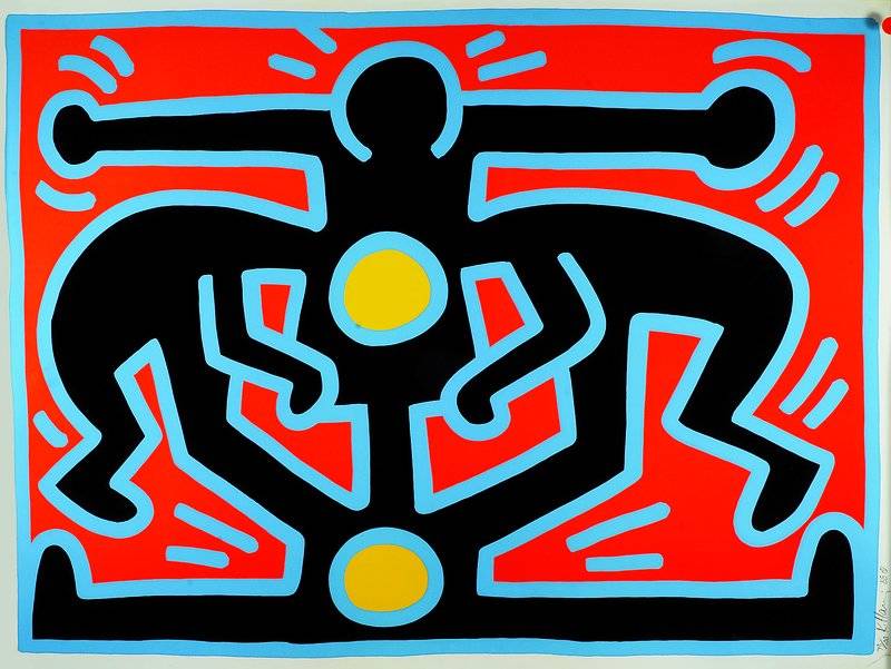 Keith Haring, 1985-1990 New York, ohne Titel, Farbserigraphie, links unten handsigniert und datiert 88, 73/100, aufwendige Kunststoffrahmung, ca. ...