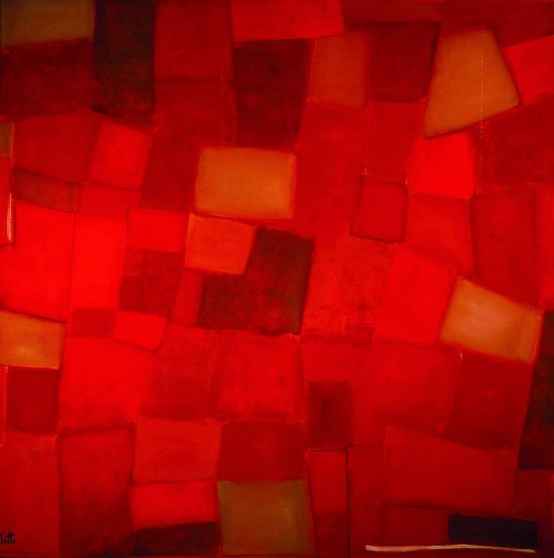 Lucien Sotto, zeitgenössischer belgischer Künstler, abstrakte Komposition in rot, Öl/Lwd, links unten signiert, ca. 100x100 cm
