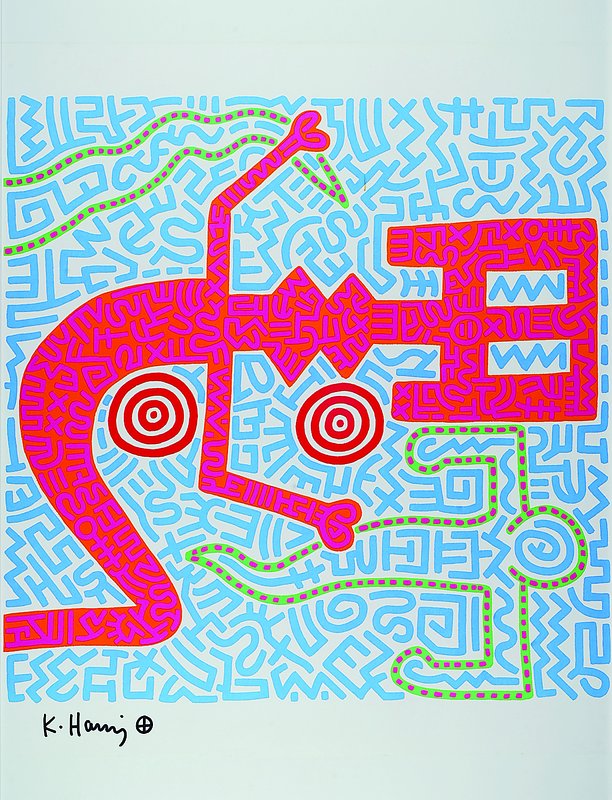 Detail a: Keith Haring, 1958-1990, Farboffset von 1984, handsigniert, (im Druck signiert), ca. 80x60 cm, unter Glas, Rahmen